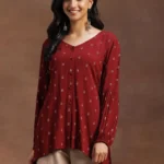 Maroon Woven Design Viscose Rayon A-line Kurti