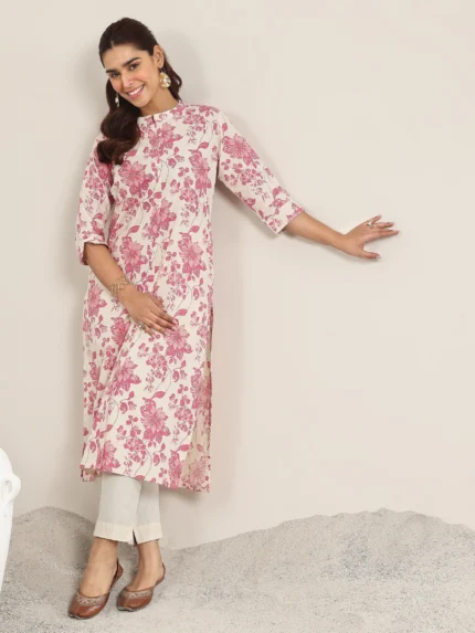 Pink Printed Cotton Straight Kurta