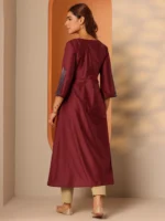 Maroon Embroidered Silk Blend A-Line Kurta - Image 4