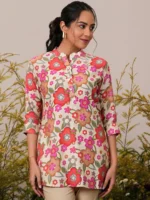 Cream Printed Silk Blend A-Line Kurti - Image 2